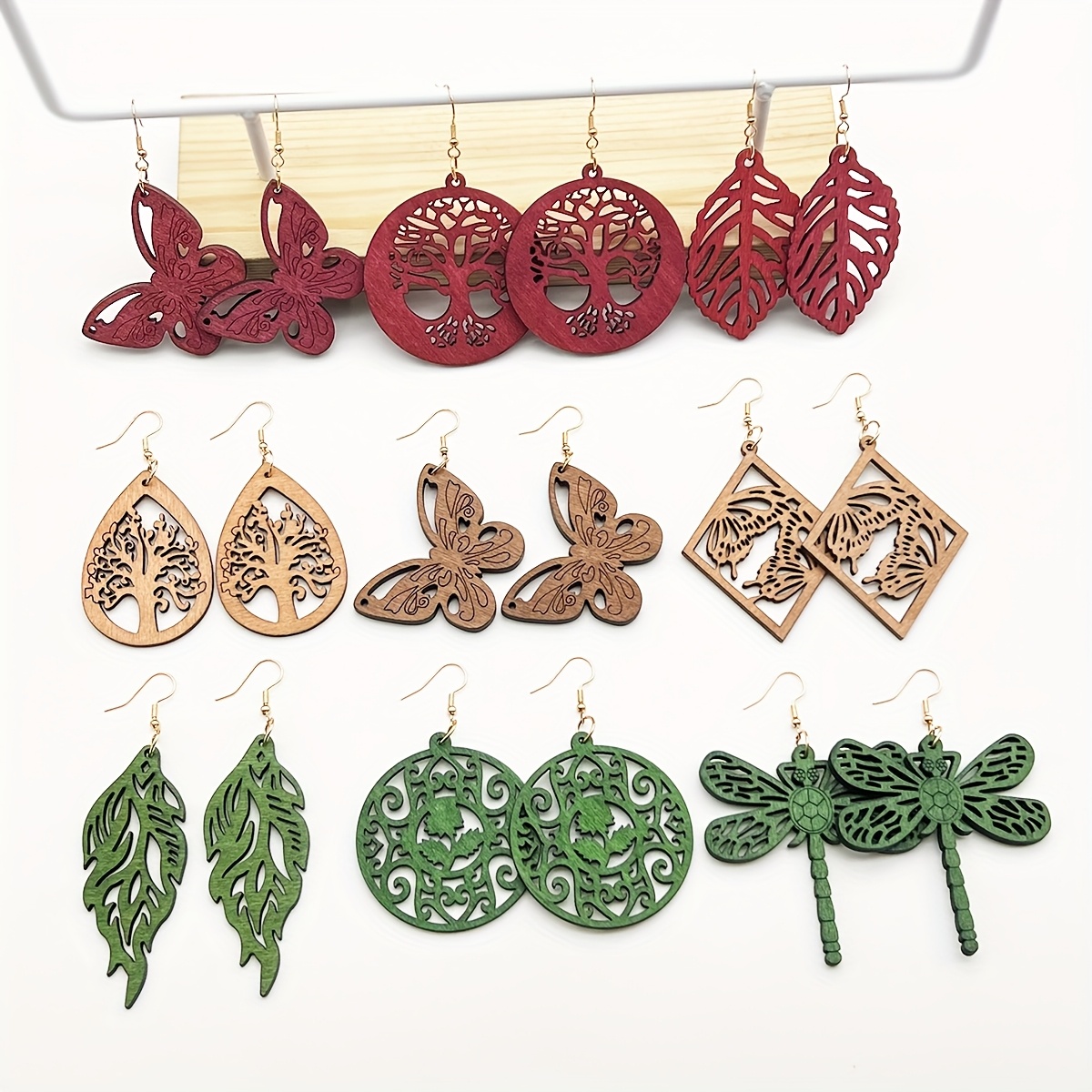 9 Pairs Minimalist Bohemian Wooden Pendant Earrings Set